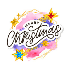 Merry Christmas text decorated with hand drawn lettering with gold stars. Greeting card design element. Vector typography.