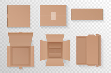 Open and closed cardboard boxes set, top view vector illustration. 3d realistic mockup collection of packages for storage in warehouse or shipping, empty delivery parcels on transparent background