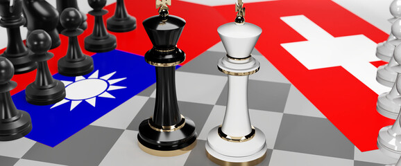 Taiwan and Switzerland - talks, debate, dialog or a confrontation between those two countries shown as two chess kings with flags that symbolize art of meetings and negotiations, 3d illustration