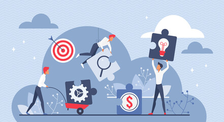 Team of business people work on cooperation vector illustration. Cartoon building puzzle, holding pieces with light bulb, money, magnifying glass and gear inside. Teamwork, success partnership concept