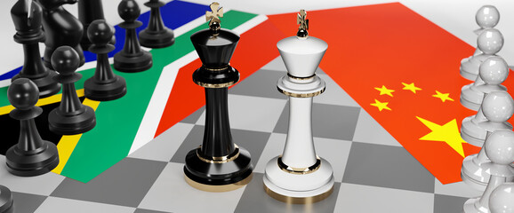 South Africa and China - talks, debate, dialog or a confrontation between those two countries shown as two chess kings with flags that symbolize art of meetings and negotiations, 3d illustration