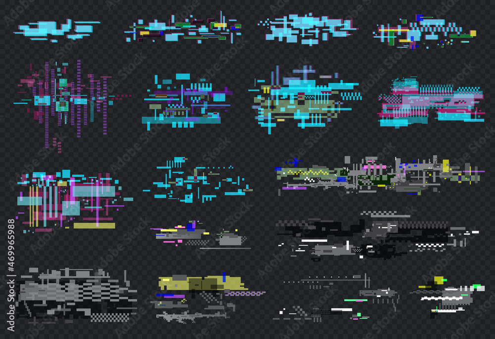 Wall mural glitch element set, retro technology vector illustration. technical problem grunge, pixel texture on