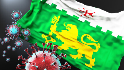 Akhaltsikhe and covid pandemic - virus attacking a city flag of Akhaltsikhe as a symbol of a fight and struggle with the virus pandemic in this city, 3d illustration
