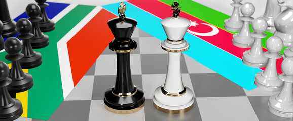 South Africa and Azerbaijan - talks, debate, dialog or a confrontation between those two countries shown as two chess kings with flags that symbolize art of meetings and negotiations, 3d illustration