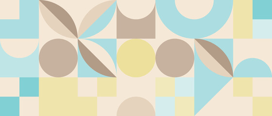 Trendy vector abstracte geometrische achtergrond met cirkels in retro Scandinavische stijl, dekken patroon naadloos. Grafisch patroon van eenvoudige vormen in pastelkleuren, abstract mozaïek.