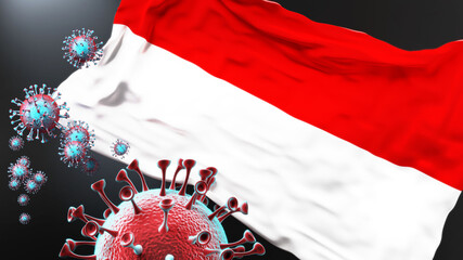 Indonesia and the covid pandemic - corona virus attacking national flag of Indonesia to symbolize the fight, struggle and the virus presence in this country, 3d illustration
