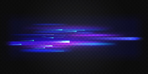 Neon blue light fast motion, speed lines movement abstract fusion effect vector illustration. Futuristic horizontal texture of speedy transportation, graphic action stripes on dark background