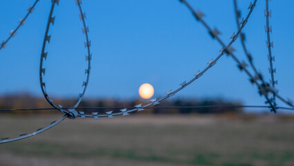 Barbed wire over abstract full moon sky background. Border with barbed wire of prison during night time with moon.