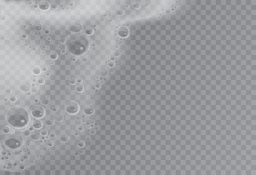 Soap foam in water and air bubbles vector illustration. 3d realistic white soapy liquid texture from shampoo, soap or shower gel in bath, laundry detergent, border top view on transparent background