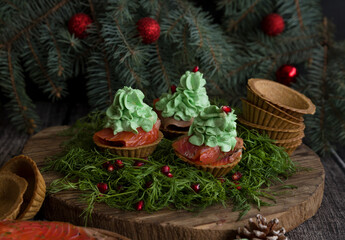 Christmas appetizer dish. Tartlets with salmon and cream cheese. Christmas food. Selective focus - 469966791