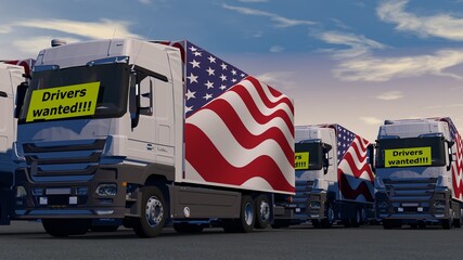 Trucks with a drivers wanted sign - Truck drivers shortage in the USA - american trade doesn’t work - A lorry with a US flag cannot proceed - 3D illustration