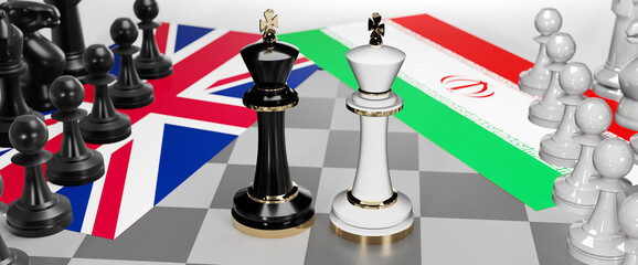 UK England and Iran - talks, debate, dialog or a confrontation between those two countries shown as two chess kings with flags that symbolize art of meetings and negotiations, 3d illustration