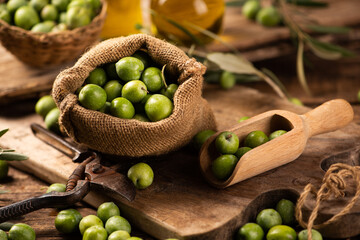 Extra virgin olive oil with fresh green olives