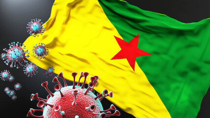 French Guiana and the covid pandemic - corona virus attacking national flag of French Guiana to symbolize the fight, struggle and the virus presence in this country, 3d illustration