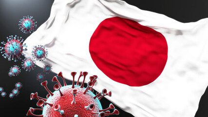 Japan and the covid pandemic - corona virus attacking national flag of Japan to symbolize the fight, struggle and the virus presence in this country, 3d illustration