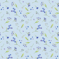 Fototapeta premium Watercolor seamless floral pattern with forget-me-nots and green leaves on blue background. Hand drawn botanical background with blue wildflowers, petals and greenery for textile, prints, wallpapers.