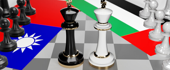 Taiwan and United Arab Emirates - talks, debate or dialog between those two countries shown as two chess kings with national flags that symbolize subtle art of diplomacy, 3d illustration