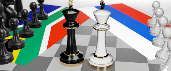 South Africa and Russia - talks, debate, dialog or a confrontation between those two countries shown as two chess kings with flags that symbolize art of meetings and negotiations, 3d illustration