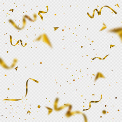 Gold confetti background on transparent background. Realistic 3d confetti template 
