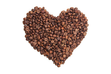 Silhouette of a heart made from coffee beans on a white isolated background. Coffee love concept. Top view, flat lay. Design element.