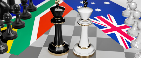 South Africa and Australia - talks, debate, dialog or a confrontation between those two countries shown as two chess kings with flags that symbolize art of meetings and negotiations, 3d illustration