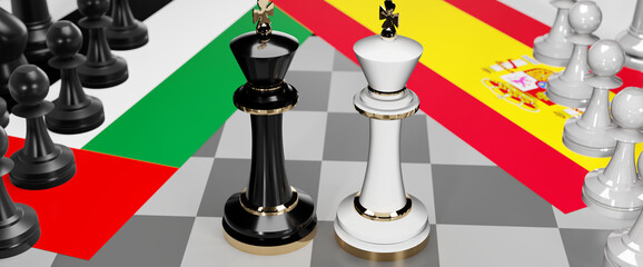 United Arab Emirates and Spain - talks, debate or dialog between those two countries shown as two chess kings with national flags that symbolize subtle art of diplomacy, 3d illustration