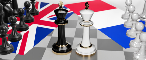 UK England and France - talks, debate, dialog or a confrontation between those two countries shown as two chess kings with flags that symbolize art of meetings and negotiations, 3d illustration