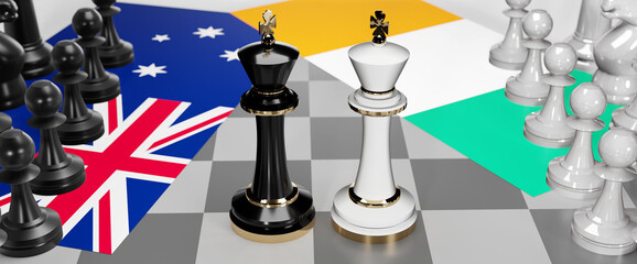 Australia and Ireland - talks, debate, dialog or a confrontation between those two countries shown as two chess kings with flags that symbolize art of meetings and negotiations, 3d illustration