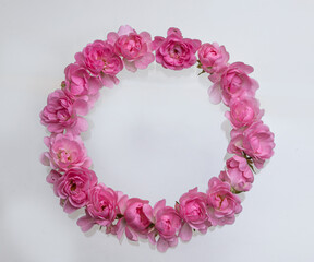 Decorative frame with pink bright roses on white background.