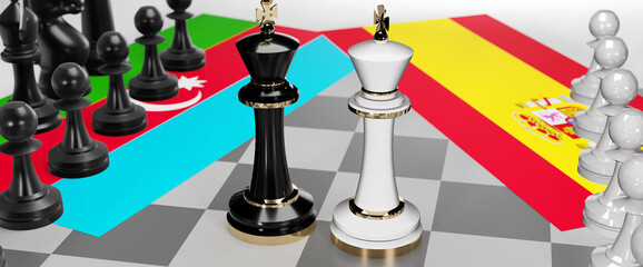 Azerbaijan and Spain - talks, debate, dialog or a confrontation between those two countries shown as two chess kings with flags that symbolize art of meetings and negotiations, 3d illustration