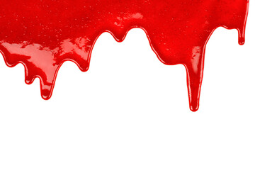 Cherry sweet syrup dripping on white background