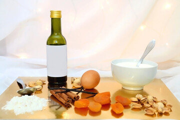 Ingredients for a peach and pistachio cake. Festive holiday background. Selective focus.