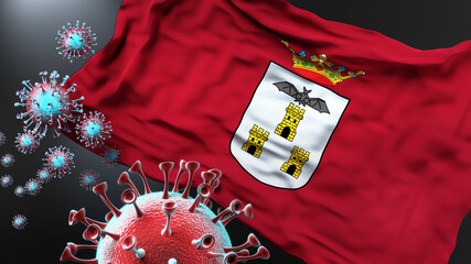 Albacete and covid pandemic - virus attacking a city flag of Albacete as a symbol of a fight and struggle with the virus pandemic in this city, 3d illustration