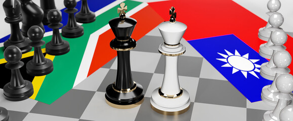 South Africa and Taiwan - talks, debate, dialog or a confrontation between those two countries shown as two chess kings with flags that symbolize art of meetings and negotiations, 3d illustration