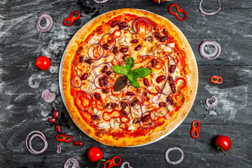 Pizza Quatro stagione with tomato sauce, salami, mushrooms, mozzarella, bacon, olives.