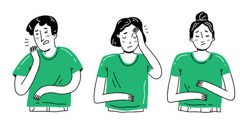 Simple doodle style set with sick people. The man is coughing, his head hurts, his stomach hurts. Illustration with characters.