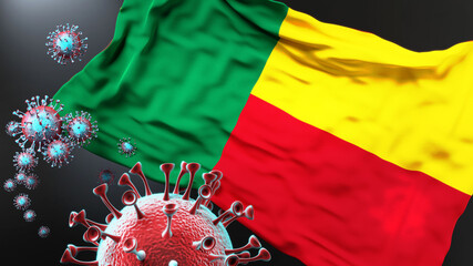Benin and the covid pandemic - corona virus attacking national flag of Benin to symbolize the fight, struggle and the virus presence in this country, 3d illustration