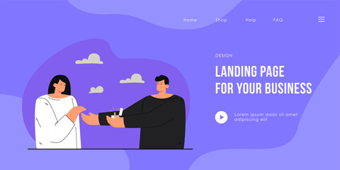 Man proposing to woman. Flat vector illustration. Male character putting wedding ring on happy female person, asking about marriage. Family, proposal, marriage, wedding, tradition concept for design