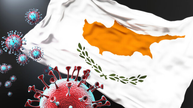 Cyprus and the covid pandemic - corona virus attacking national flag of Cyprus to symbolize the fight, struggle and the virus presence in this country, 3d illustration