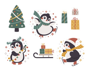 Christmas vector clipart set with skating Penguins, gifts, christmas tree, sledge, stars, scarf