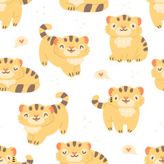 Children's seamless pattern with cute tiger cubs and hearts on a white background. Illustration background in pastel colors.