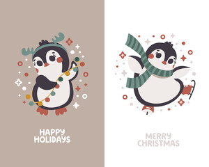 Vector cute Christmas cards with skating Penguins, garland, antlers of deer, stars, scarf