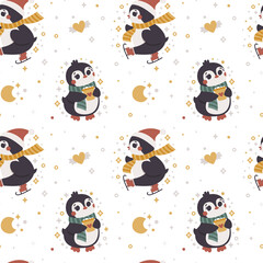Seamless vector Christmas pattern with cute funny winter skating Penguins with scarf and cacao