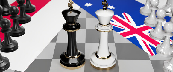 Poland and Australia - talks, debate, dialog or a confrontation between those two countries shown as two chess kings with flags that symbolize art of meetings and negotiations, 3d illustration