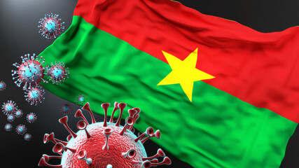Burkina Faso and the covid pandemic - corona virus attacking national flag of Burkina Faso to symbolize the fight, struggle and the virus presence in this country, 3d illustration