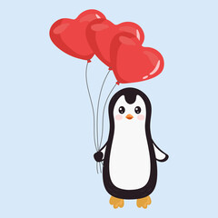 Cute cartoon penguin with balloons. Happy Valentine's day greeting card. Illustration for posters, greeting cards and seasonal design.