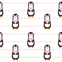 Seamless pattern with pink grunge stripes and penguins. Valentines day background. Vector background design for fabric and decor.