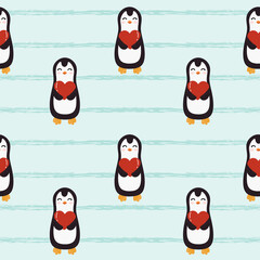 Seamless pattern with blue grunge stripes and penguins. Valentines day background. Vector background design for fabric and decor.