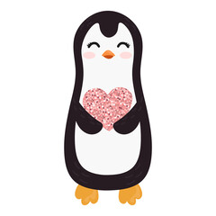 Vector illustration with penguin holding heart with of realistic pink glitter dust. Happy Valentine's day.