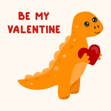 Illustration of cute cartoon dinosaur with heart. Happy Valentines day. Be my valentine. Cute little dinosaur.